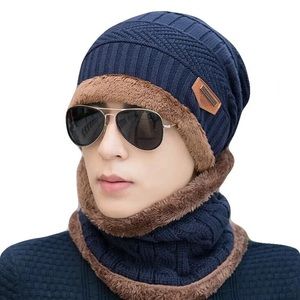 2 pieces winter hats and scarf for women and men color dark blue high quality